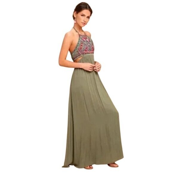 Lulus Embroidered Babydoll Maxi Dress Small Green Boho Bohemian Hippie Beach - Picture 1 of 6